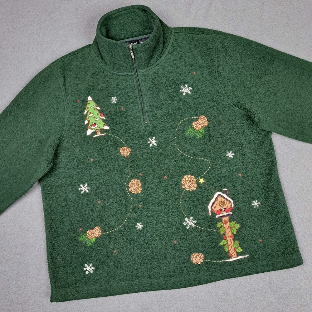 Vintage Northcrest Holiday Sweater Womens Medium Green Fleece ¼‎ Zip Pullover